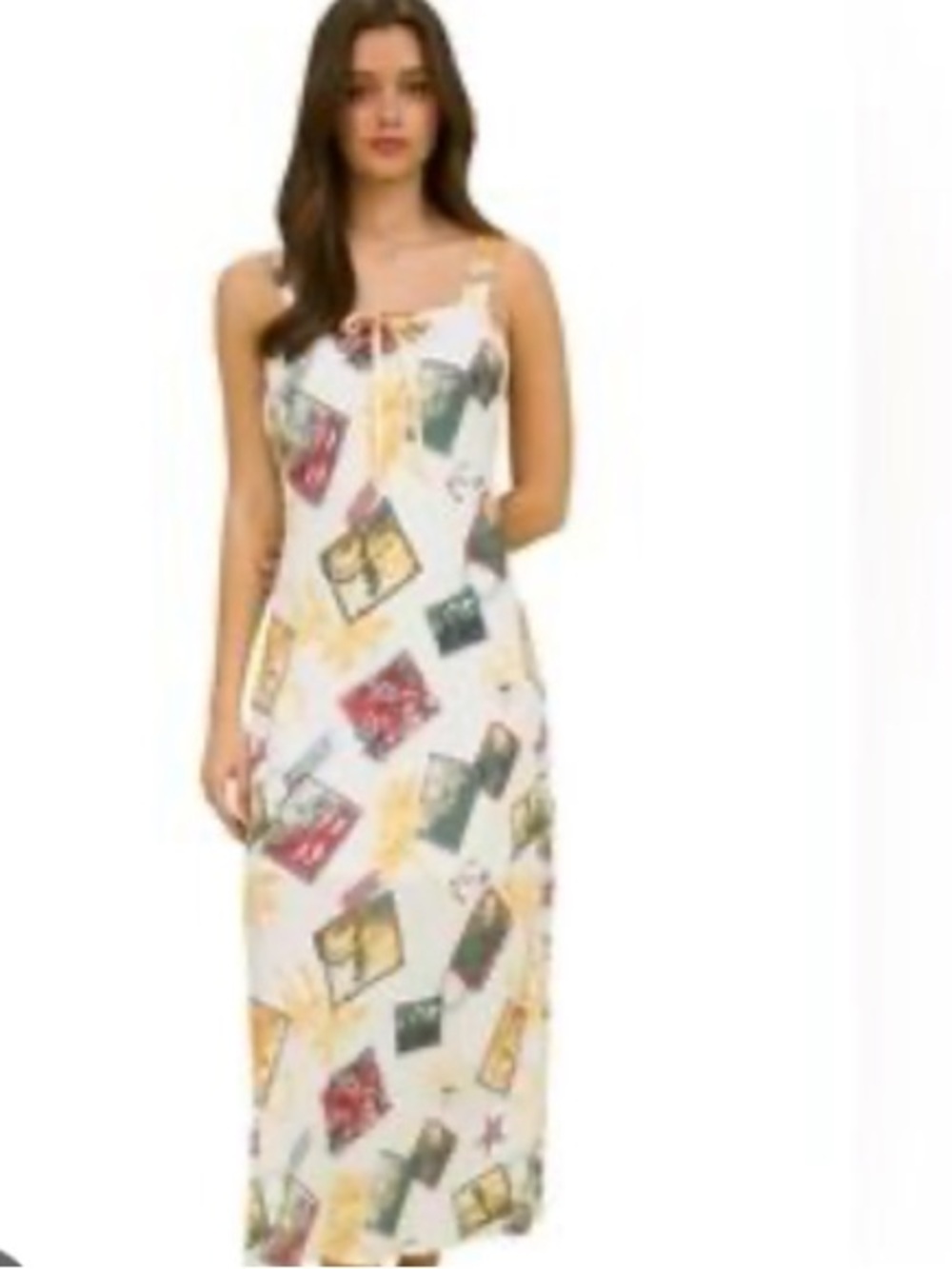 Workshop Republic Clothing White Maxi Dress with Multicolor Postcard Motif